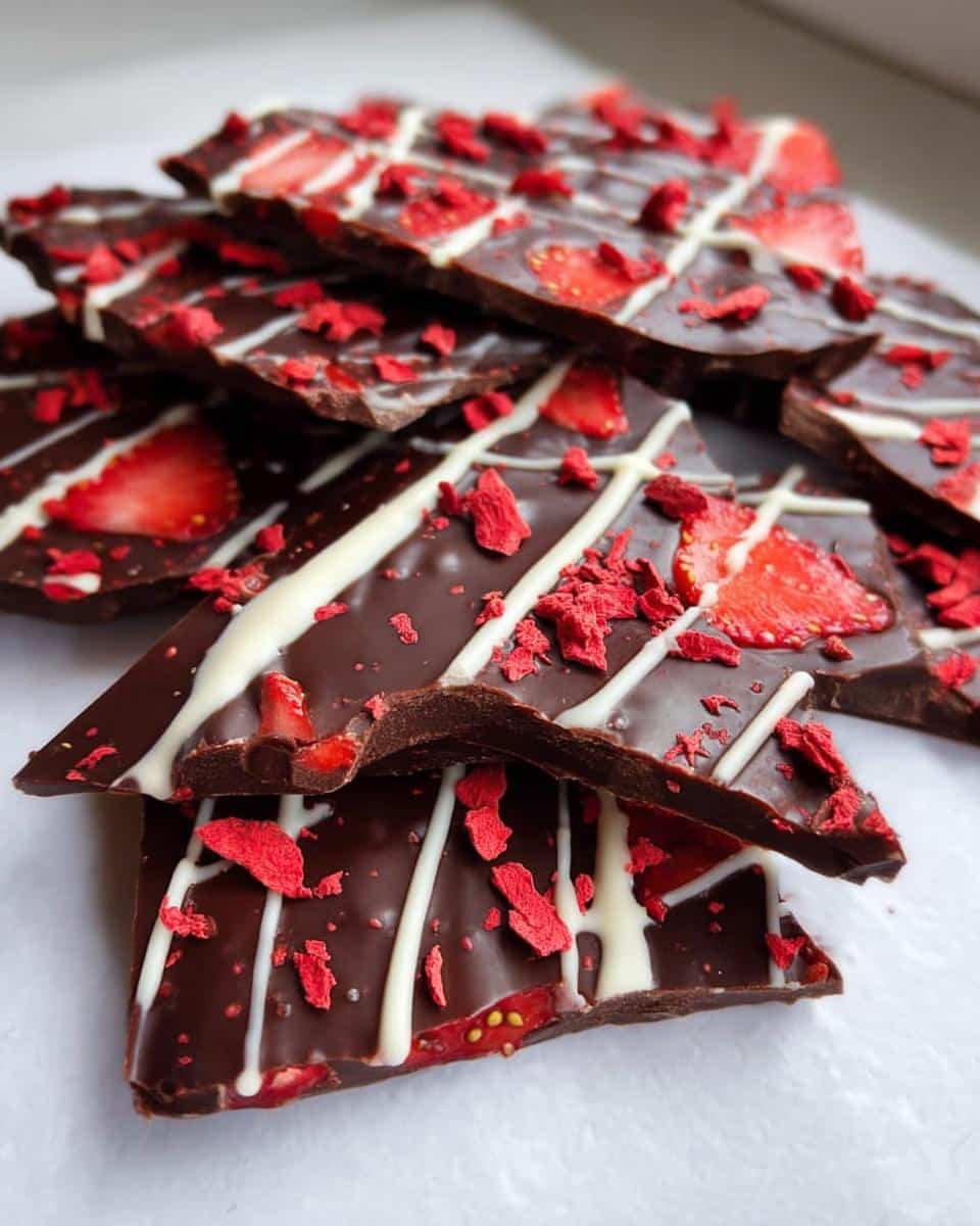 A stack of dark Chocolate Covered Strawberry Bark pieces, drizzled with white chocolate and topped with freeze-dried strawberries.