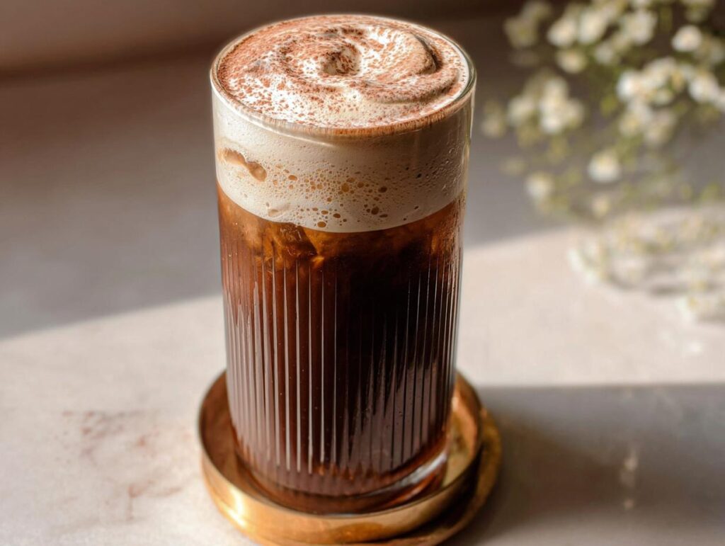 Tall glass of Chocolate Cream Cold Brew Copycat topped with thick foam and cocoa powder.