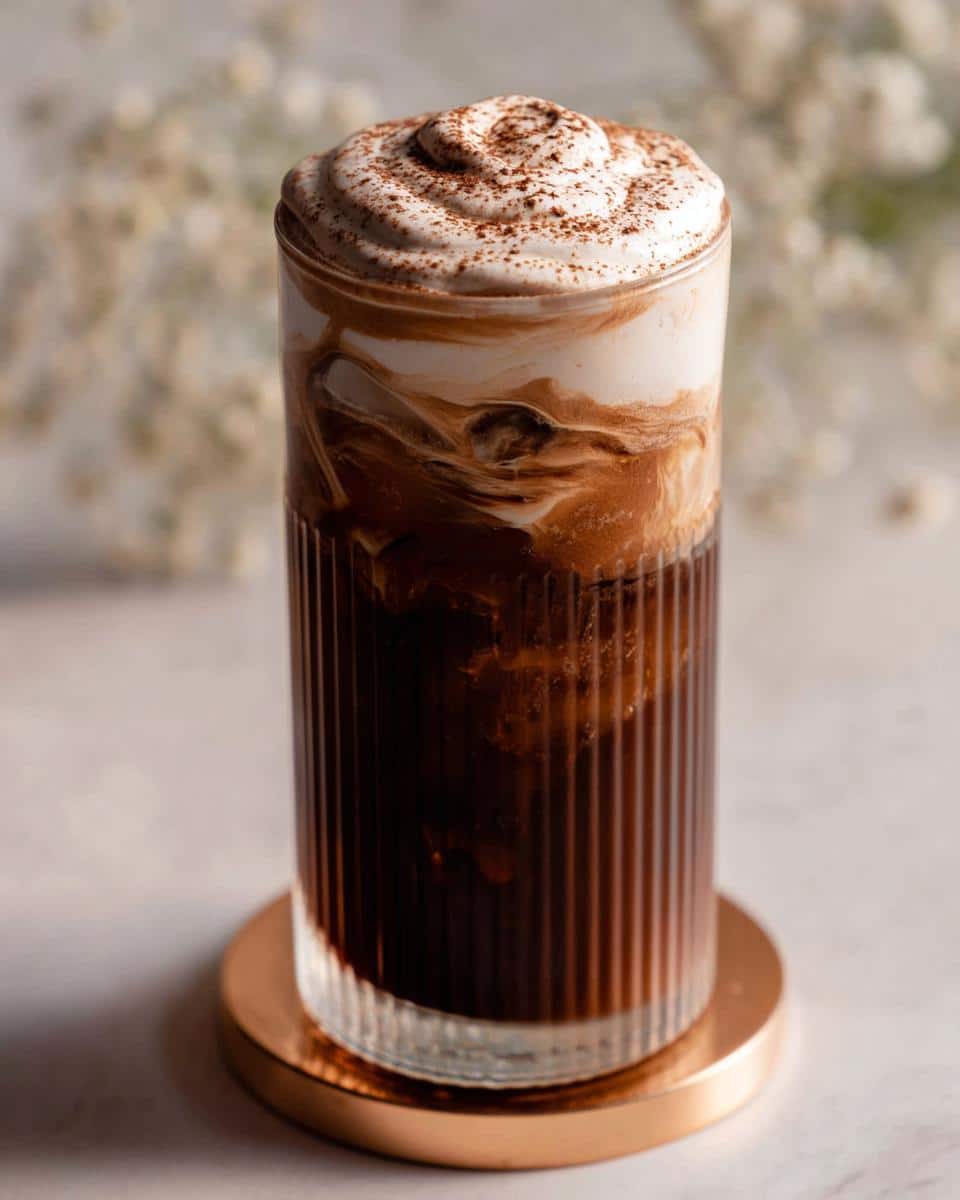 A tall, ribbed glass filled with Chocolate Cream Cold Brew Copycat, topped with whipped cream and cocoa powder.