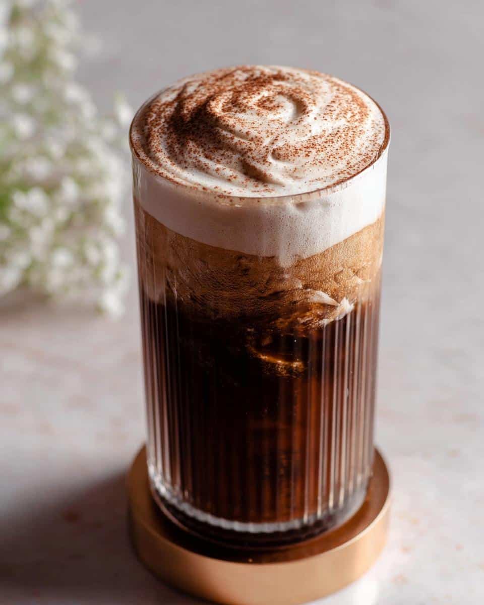 A tall glass of Chocolate Cream Cold Brew Copycat topped with thick, swirled cream and cocoa powder.