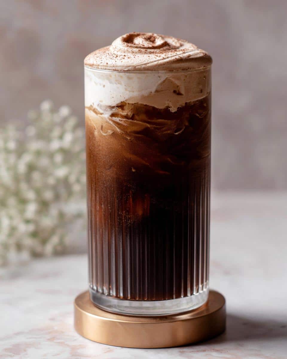 A tall glass of Chocolate Cream Cold Brew Copycat topped with whipped cream and cocoa powder.
