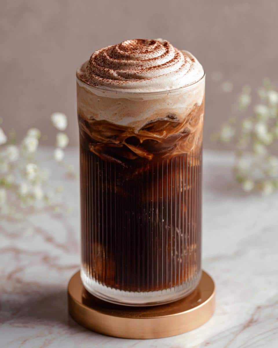A tall glass of Chocolate Cream Cold Brew Copycat topped with swirled cream and cocoa powder.