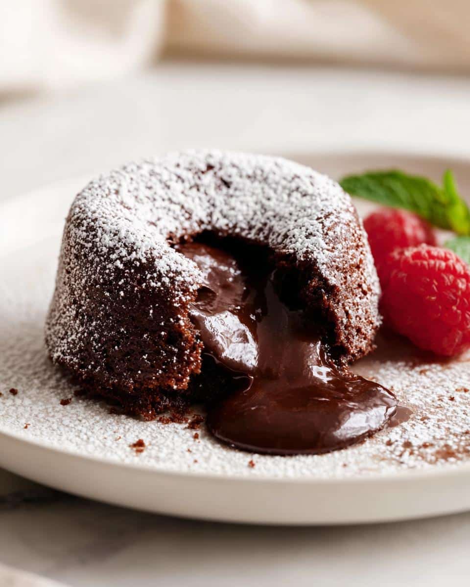 Close-up of a Chocolate Lava Cake for Two with molten chocolate oozing out, dusted with powdered sugar.