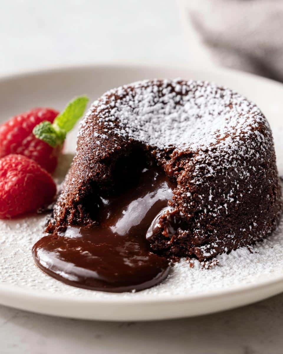 Close-up of a Chocolate Lava Cake for Two with molten chocolate oozing out, dusted with powdered sugar.