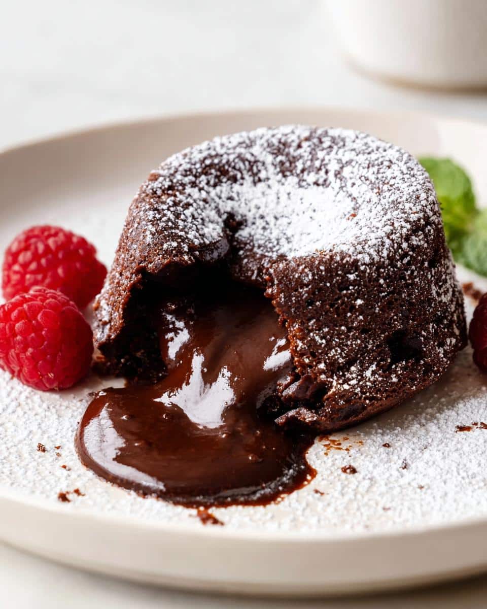 Close-up of a Chocolate Lava Cake for Two with rich melted chocolate oozing out, dusted with powdered sugar and garnished with raspberries.