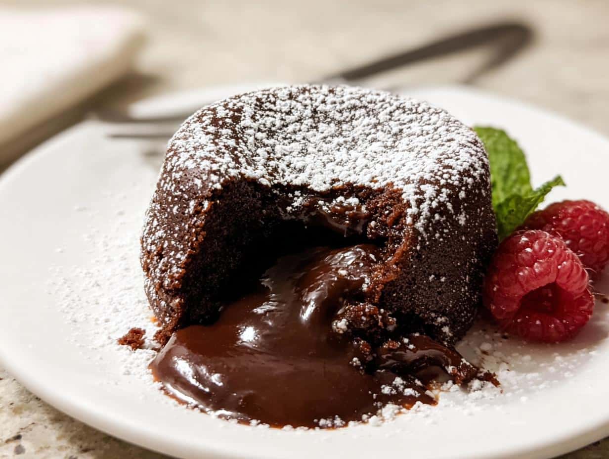 Close-up of a Chocolate Lava Cake for Two, dusted with powdered sugar, oozing molten chocolate, served with raspberries.