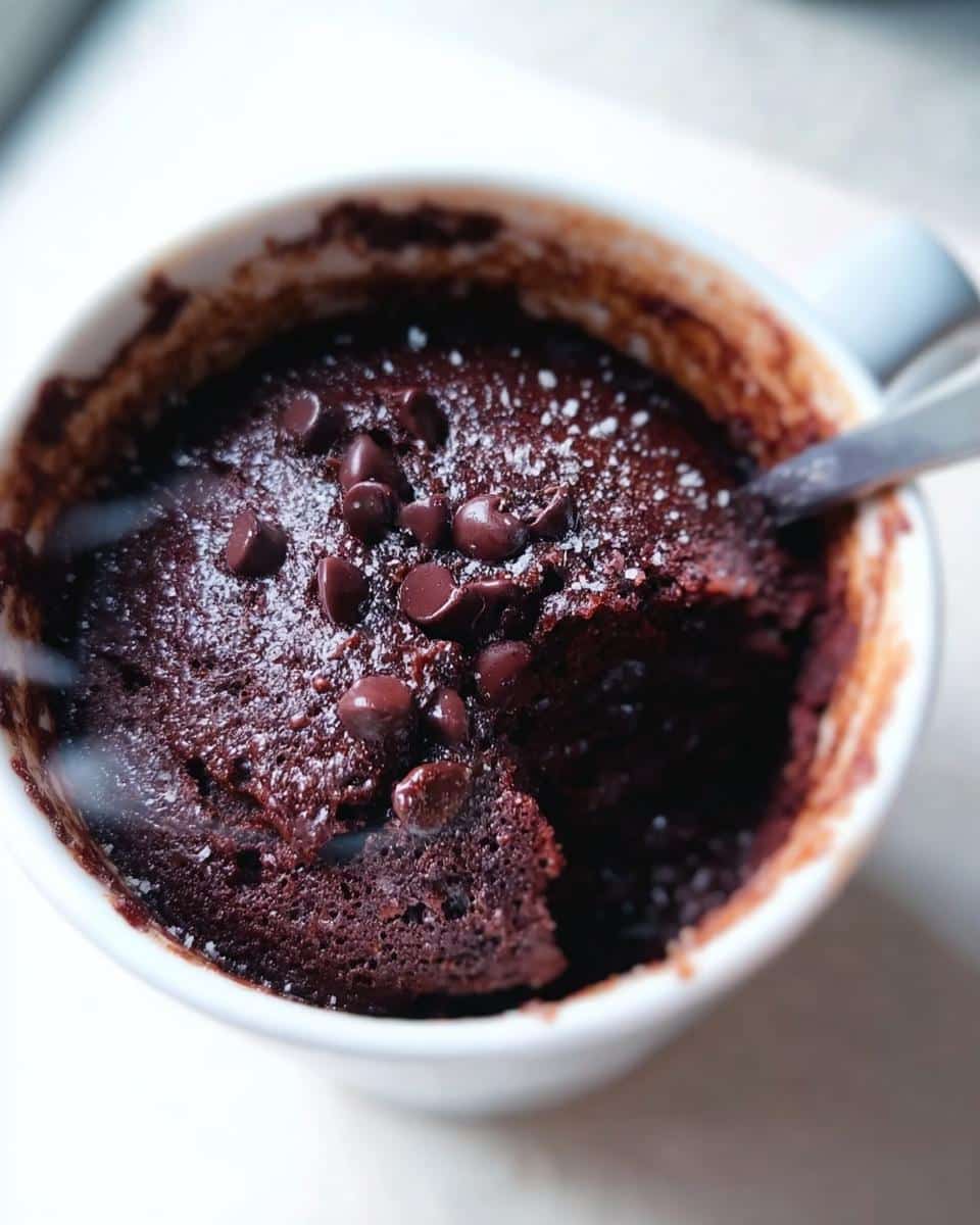 Close-up of a rich, dark Chocolate Mug Cake with chocolate chips and powdered sugar, a spoonful taken out.