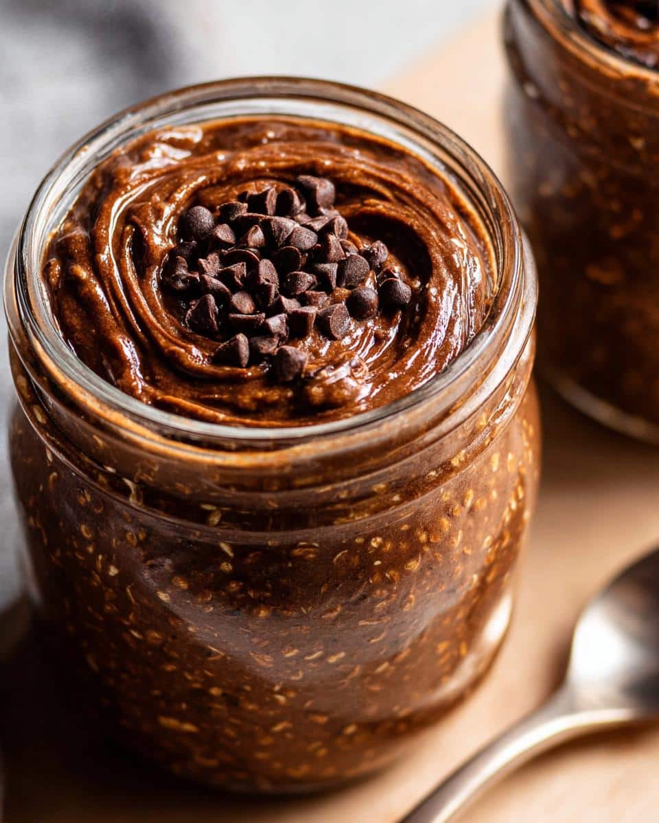 Close-up of Chocolate Peanut Butter Overnight Oats topped with mini chocolate chips in a glass jar.