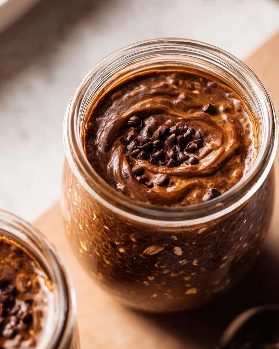 Close-up of Chocolate Peanut Butter Overnight Oats topped with mini chocolate chips in a glass jar.