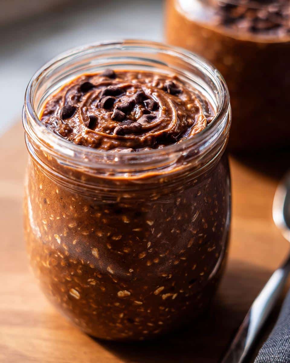 Close-up of a glass jar filled with rich Chocolate Peanut Butter Overnight Oats, topped with chocolate chips.