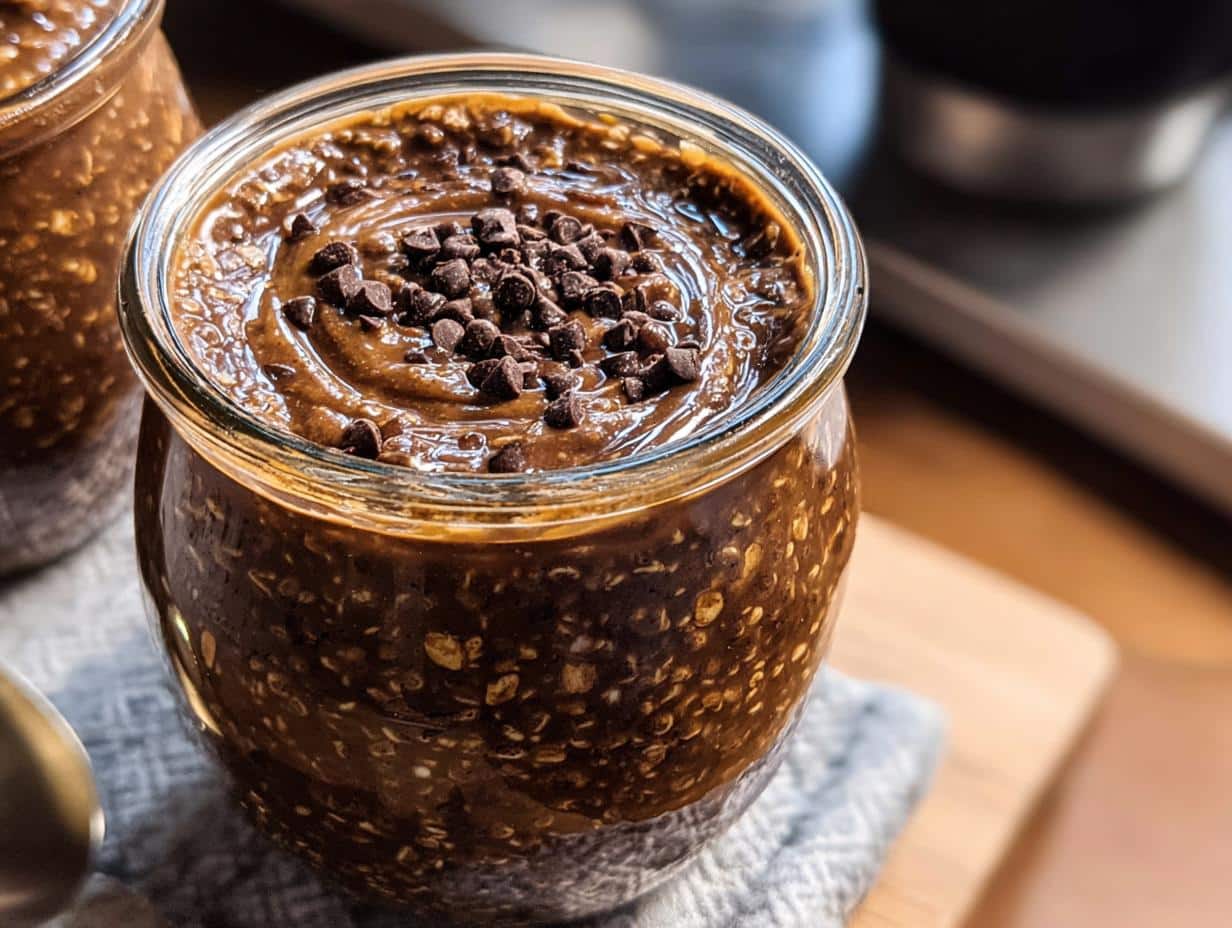 A close-up view of rich Chocolate Peanut Butter Overnight Oats topped with mini chocolate chips in a glass jar.