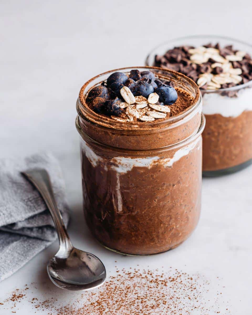 Close-up of Chocolate Protein Overnight Oats topped with fresh blueberries and rolled oats.