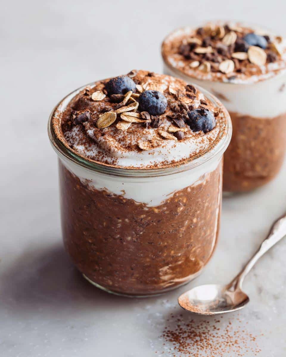 A close-up of Chocolate Protein Overnight Oats topped with yogurt, blueberries, oats, and cocoa powder.