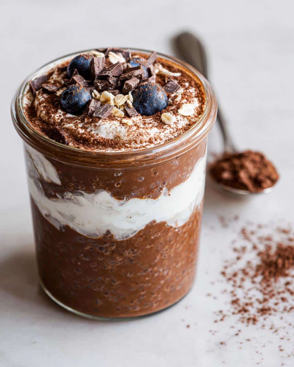 Close-up of Chocolate Protein Overnight Oats layered with cream, topped with blueberries and chocolate chunks.