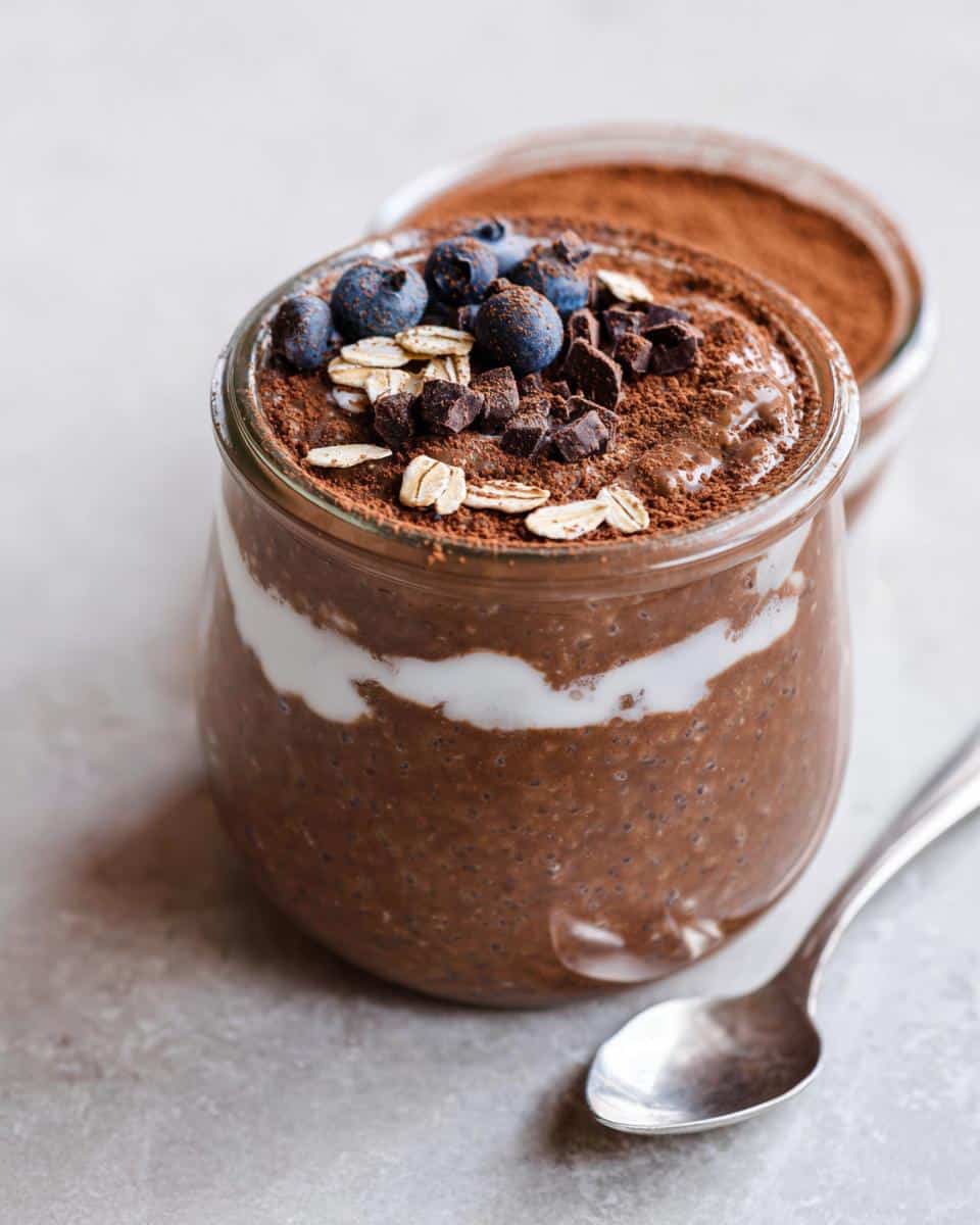 Close-up of Chocolate Protein Overnight Oats topped with blueberries, oats, and chocolate chunks.