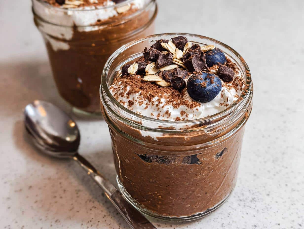 Close-up of Chocolate Protein Overnight Oats topped with cream, blueberries, chocolate chips, and oats.