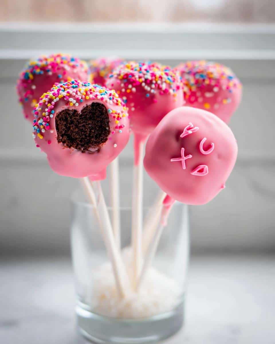 Several pink-dipped Chocolate Valentine Cake Pops displayed in a glass, one showing a heart-shaped chocolate cake center.