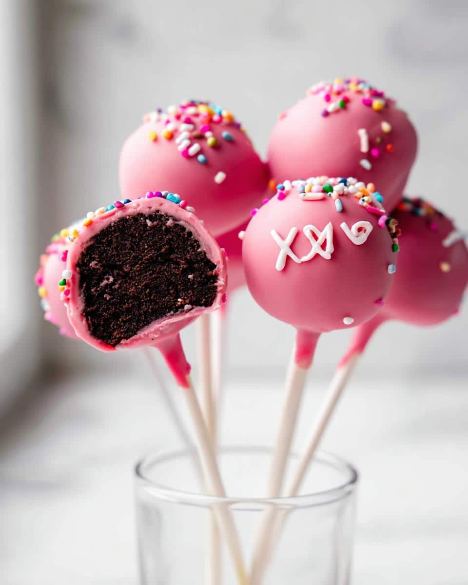Close-up of several pink dipped Chocolate Valentine Cake Pops, one cut open showing the dark chocolate interior.