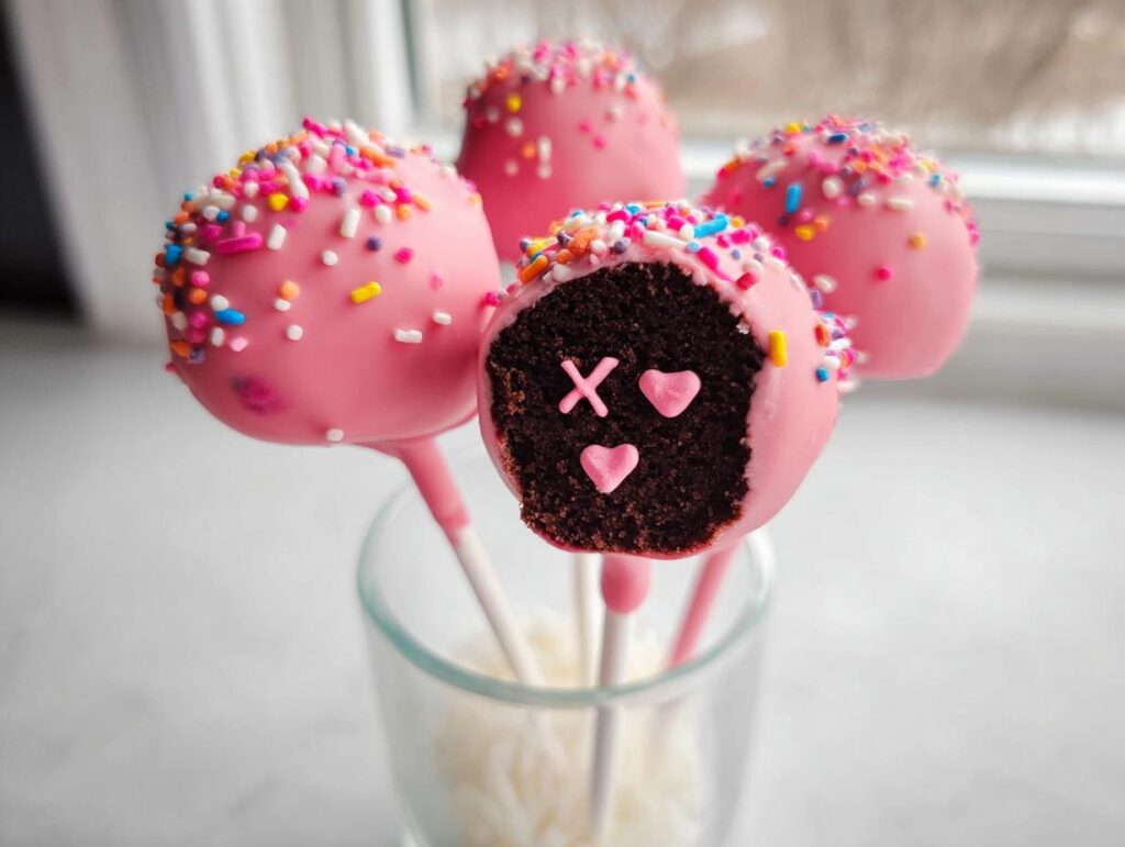 Four Chocolate Valentine Cake Pops dipped in pink coating and covered in rainbow sprinkles, one showing a cross and two hearts inside.