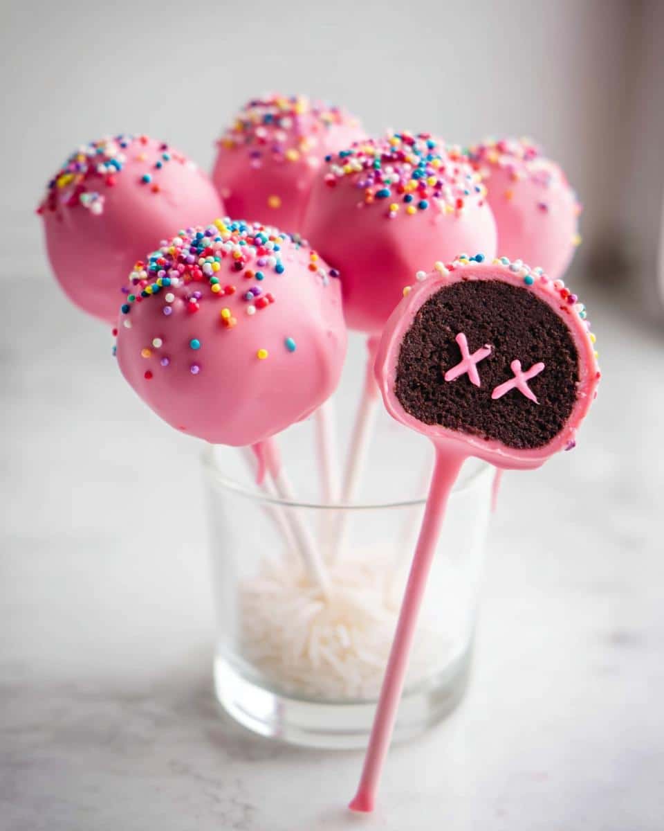 Close-up of pink-dipped Chocolate Valentine Cake Pops decorated with sprinkles, one cut open showing 'XX' detail.