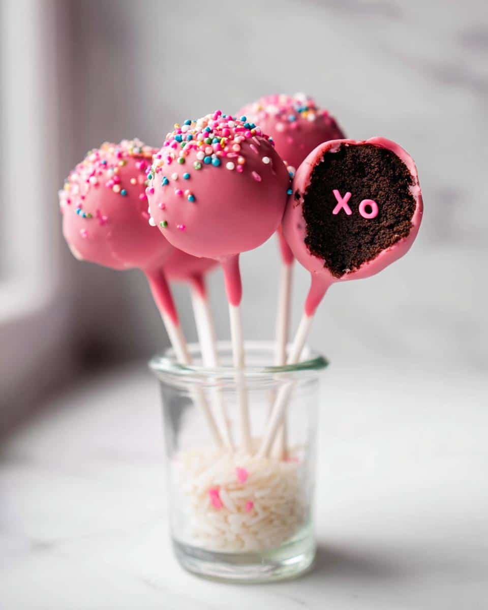 Four pink-dipped Chocolate Valentine Cake Pops in a glass jar, one showing a bite with 'XO' inside.