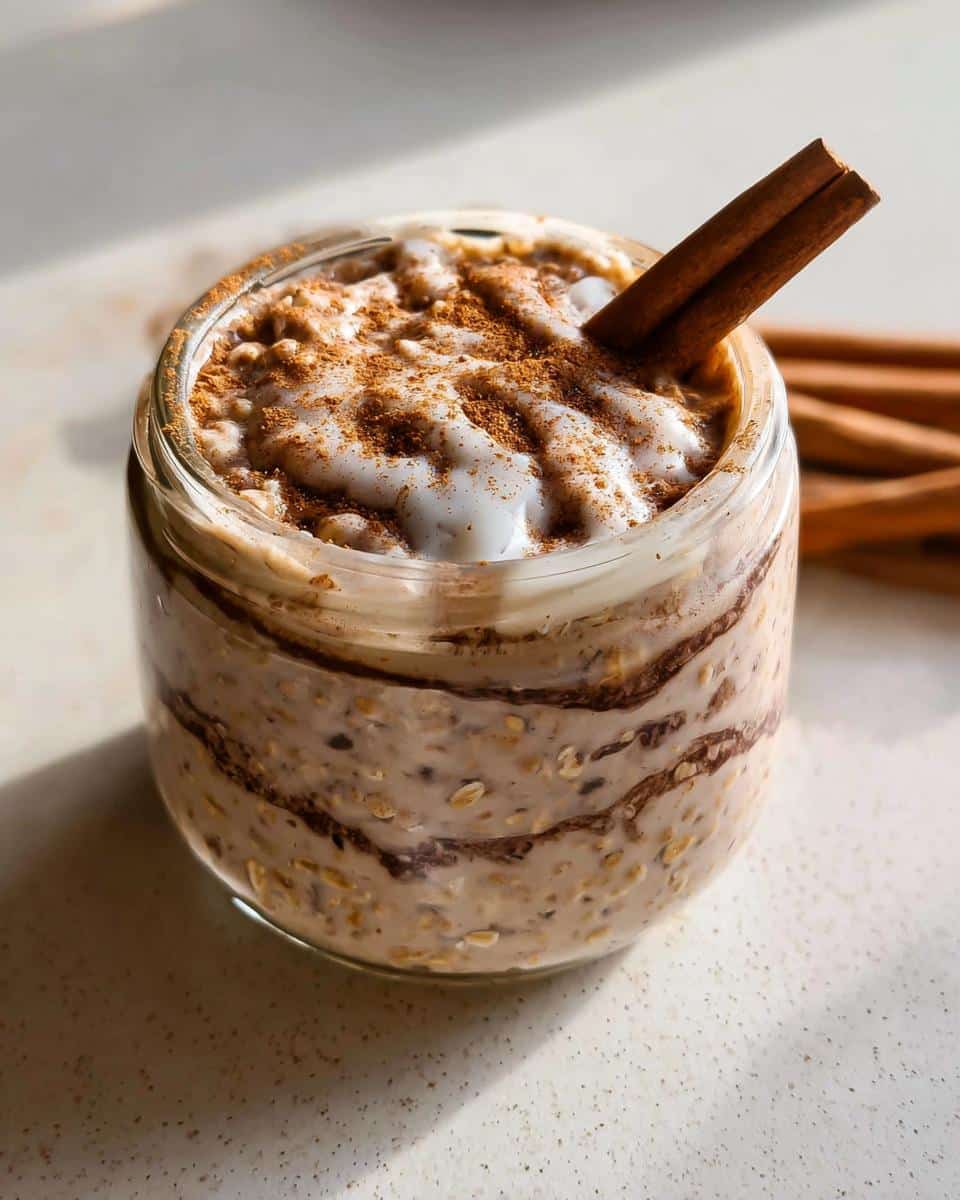 Close-up of Cinnamon Roll Overnight Oats layered in a glass jar, topped with yogurt and cinnamon, garnished with a cinnamon stick.
