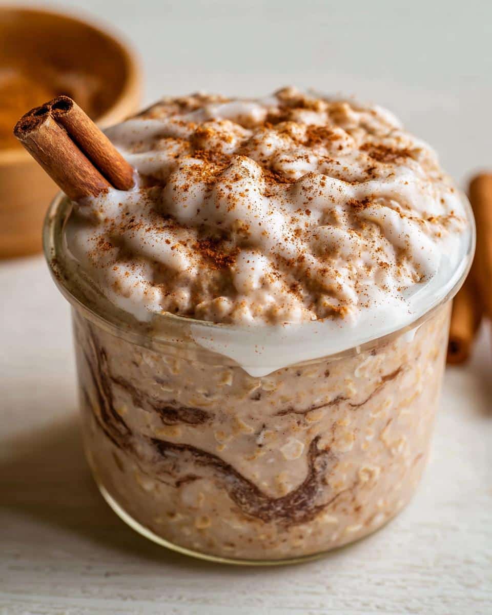 A glass jar filled with creamy Cinnamon Roll Overnight Oats, topped with white frosting and cinnamon powder, garnished with cinnamon sticks.