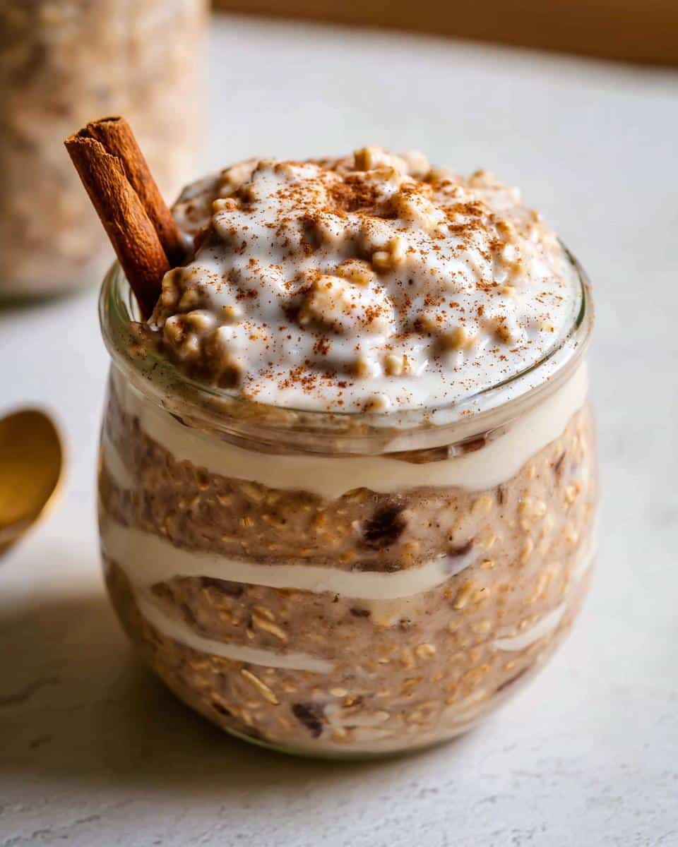 Close-up of Cinnamon Roll Overnight Oats layered in a glass jar, topped with cream and sprinkled cinnamon.