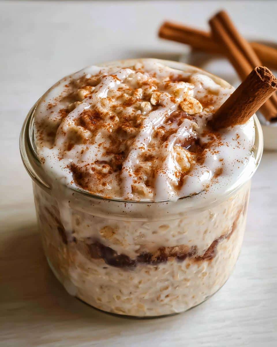 A close-up of Cinnamon Roll Overnight Oats layered in a glass jar, topped with icing and a cinnamon stick.