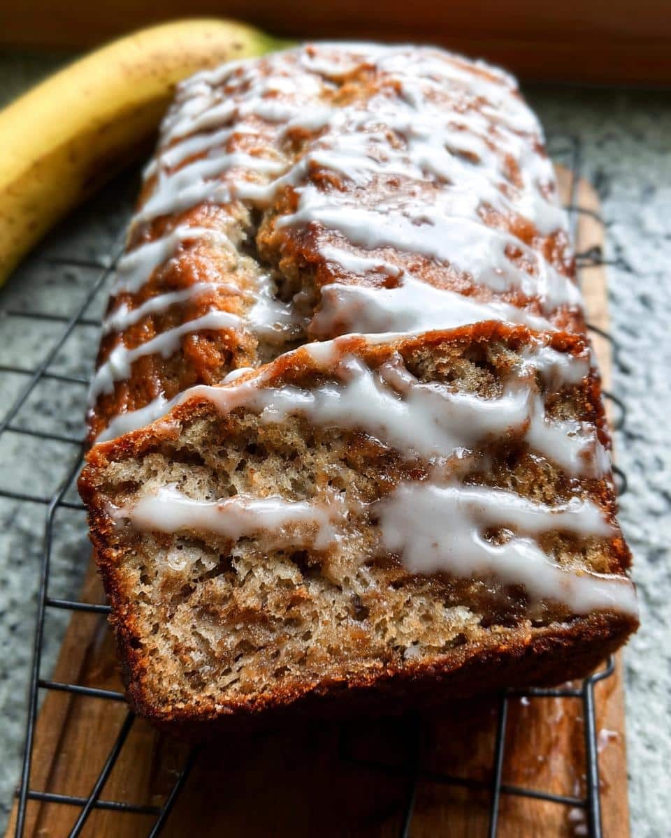 A close-up of a sliced Cinnamon Swirl Banana Bread loaf drizzled with white icing on a cooling rack.
