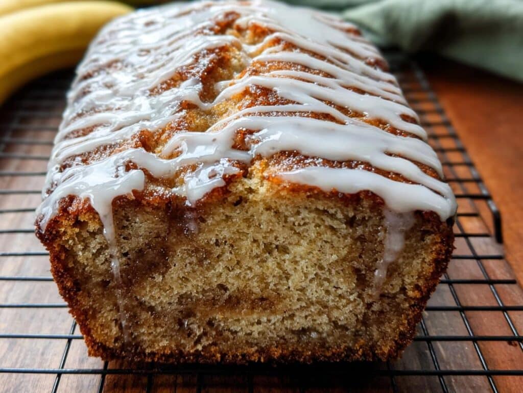 Close-up of a freshly baked Cinnamon Swirl Banana Bread loaf drizzled with white icing.