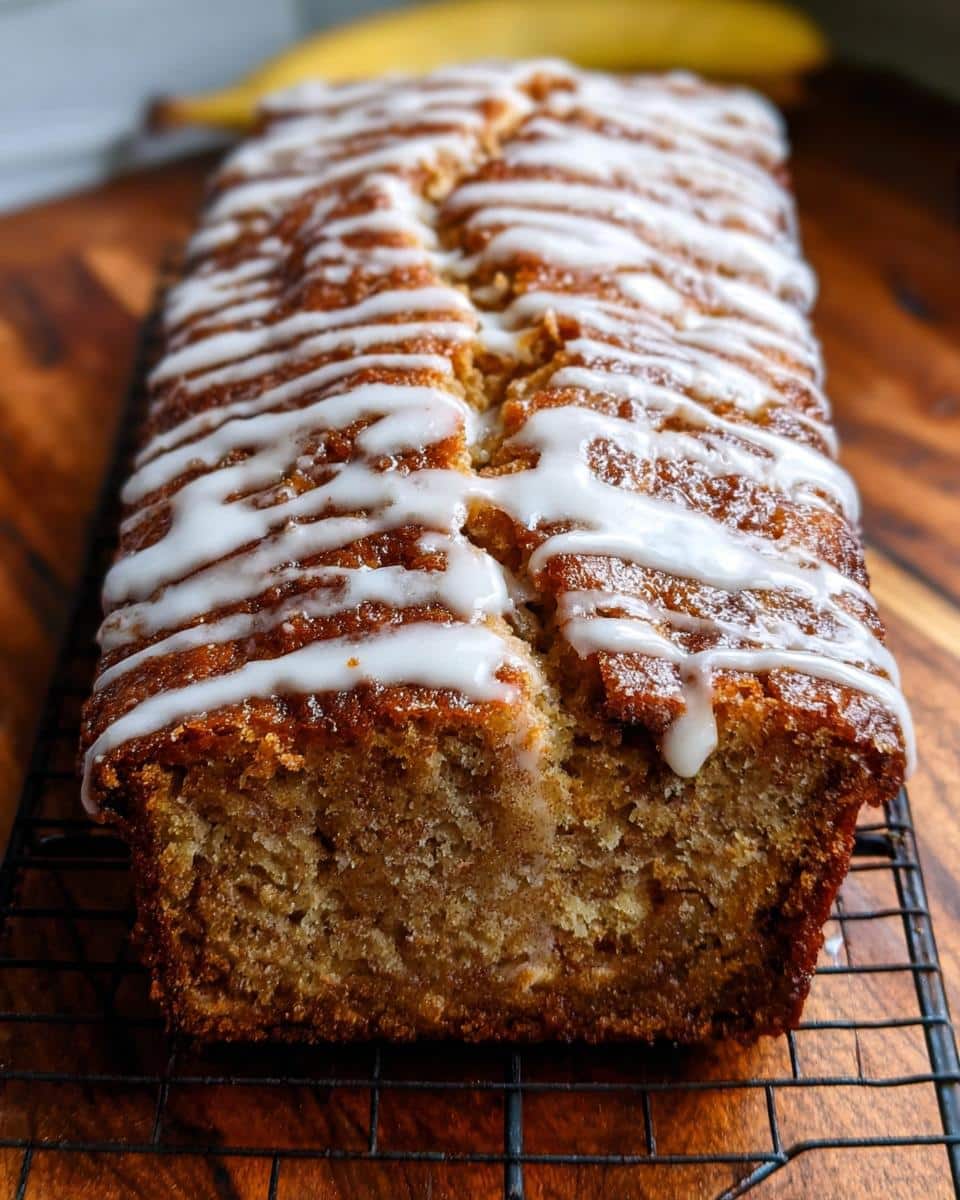 A freshly baked loaf of Cinnamon Swirl Banana Bread with a thick white glaze drizzled across the top, resting on a wire rack.