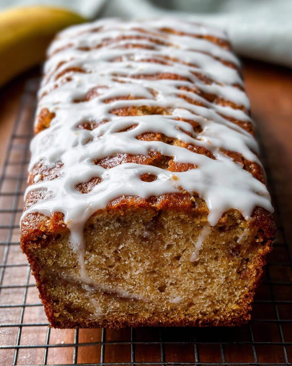 Close-up of a loaf of Cinnamon Swirl Banana Bread topped with white icing, resting on a wire rack.