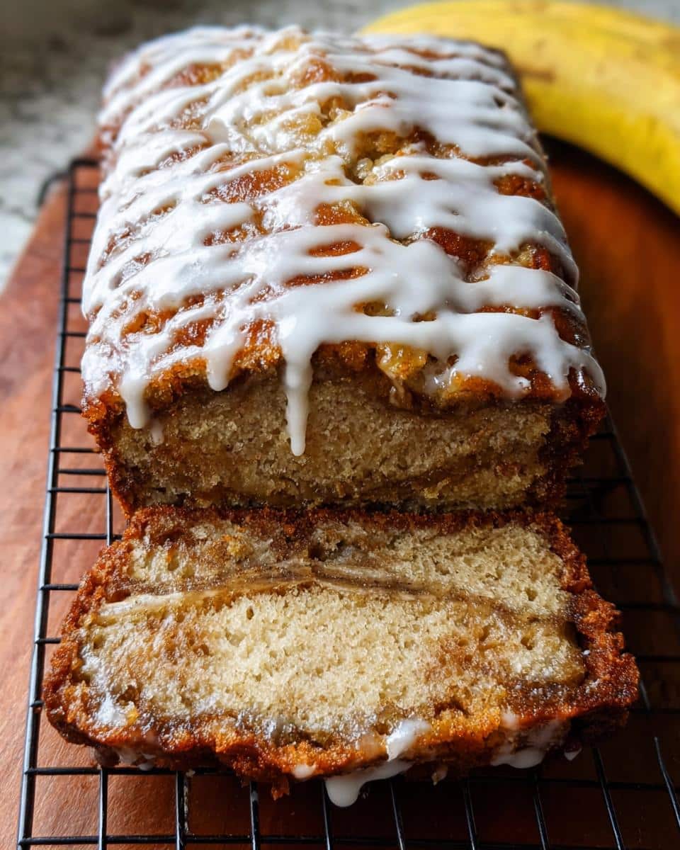 A loaf of Cinnamon Swirl Banana Bread, sliced to show the swirl layer, topped with white icing.