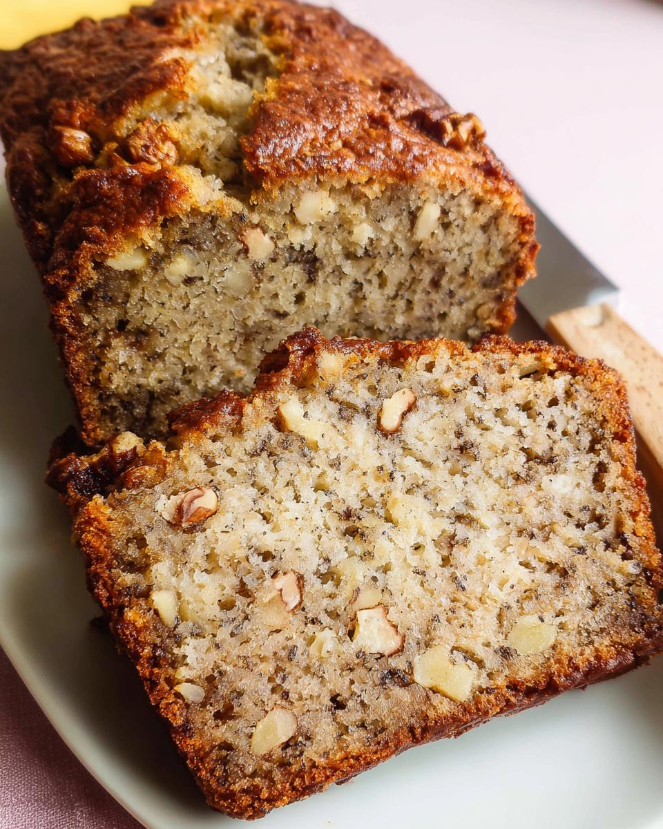 Close-up of a sliced loaf of Classic Banana Bread Like Grandma’s, showing moist crumb and walnuts.