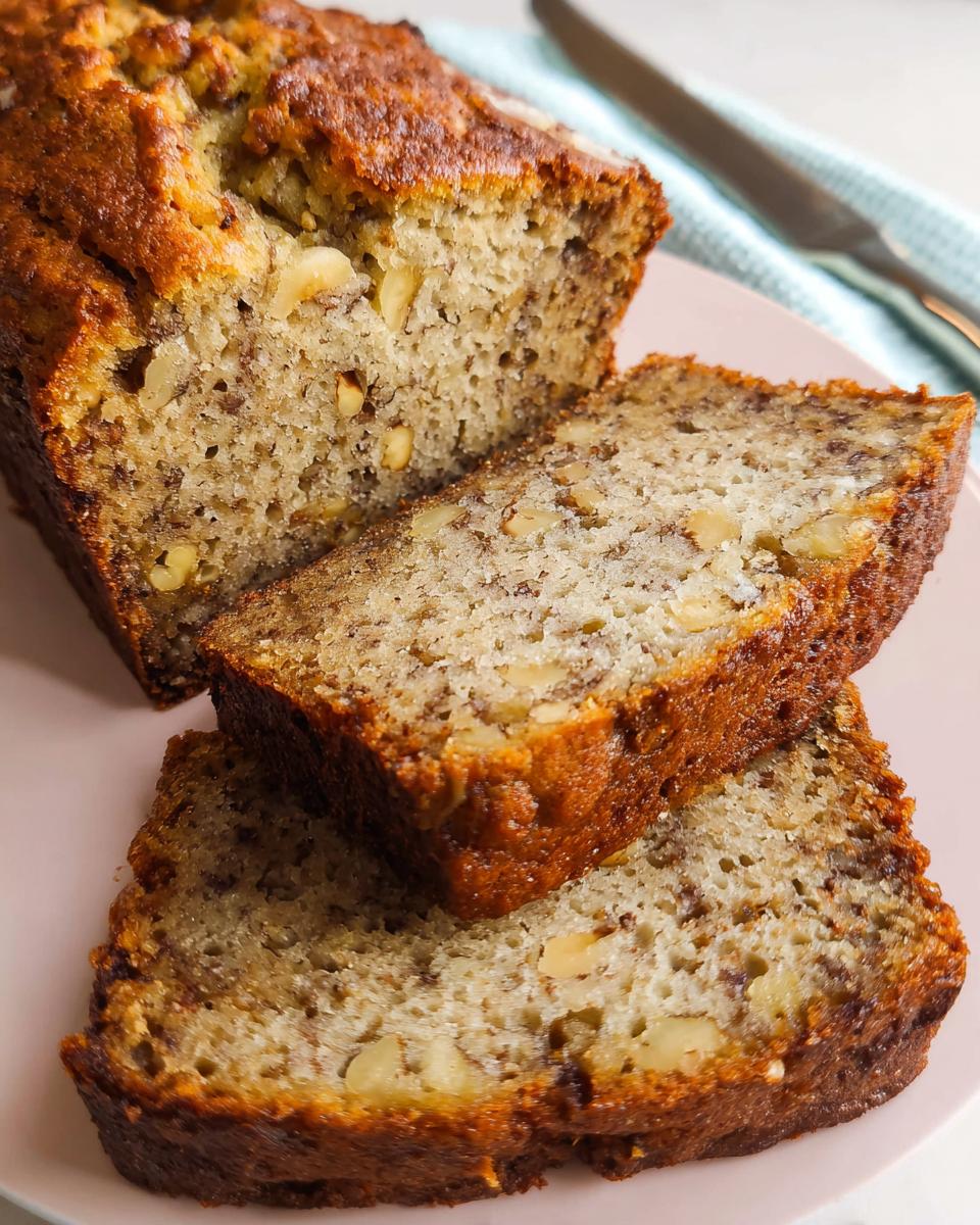 Close-up of moist Classic Banana Bread Like Grandma’s, sliced to show walnuts inside, resting on a pink plate.