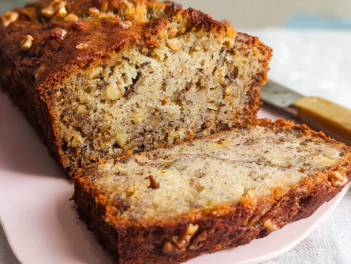 A close-up of a freshly baked loaf of Classic Banana Bread Like Grandma’s, with one slice cut and resting beside the main loaf.