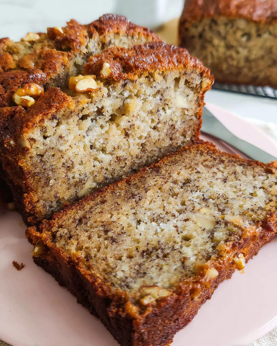Close-up of moist slices of Classic Banana Bread Like Grandma’s topped with walnuts on a pink plate.