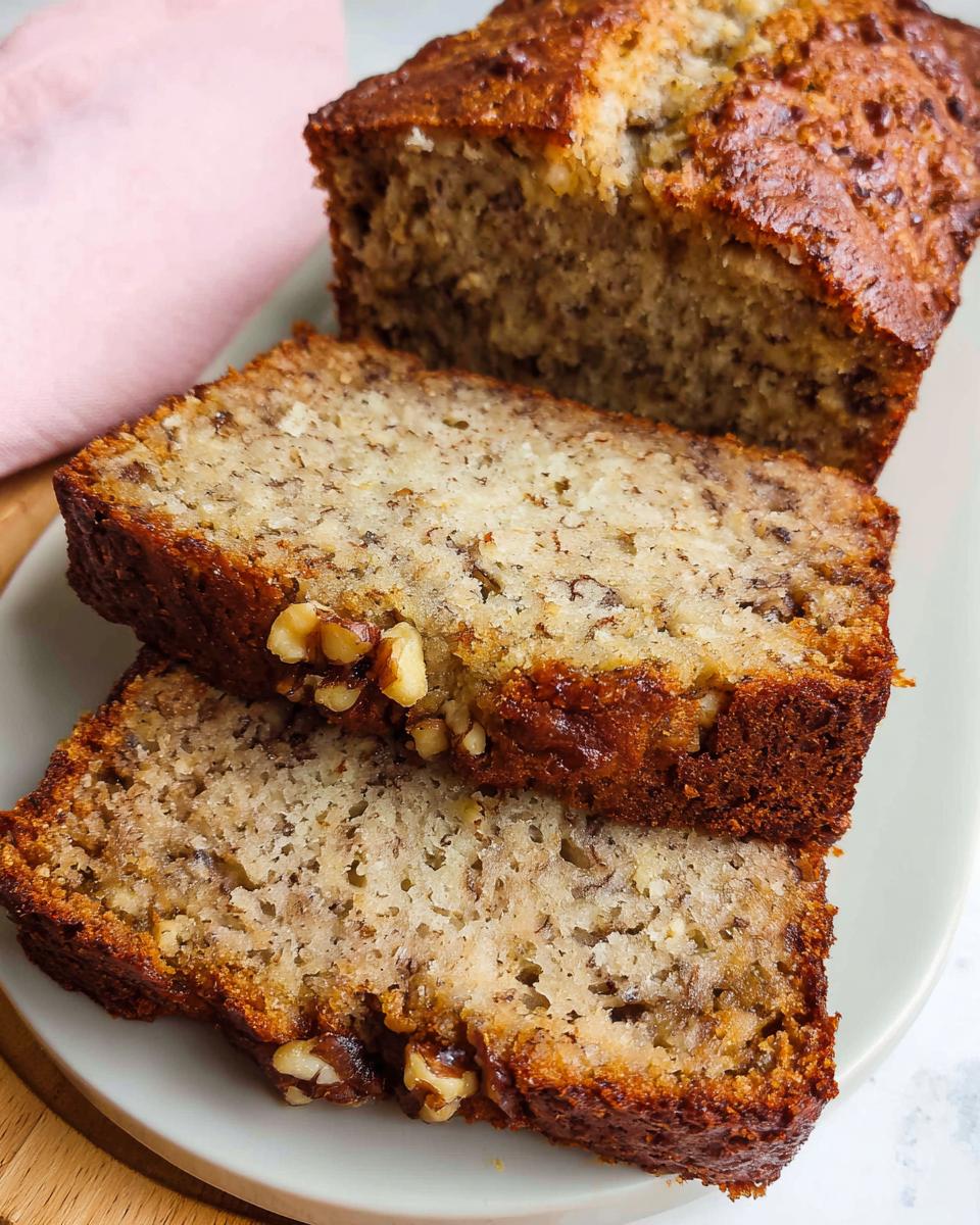 Two thick slices of moist Classic Banana Bread Like Grandma’s showing walnuts and a rich brown crust.