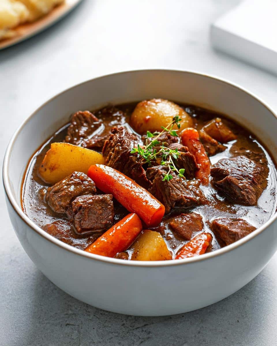 Close-up of a bowl filled with rich, dark Classic Beef Stew featuring tender beef chunks, carrots, and potatoes, garnished with thyme.