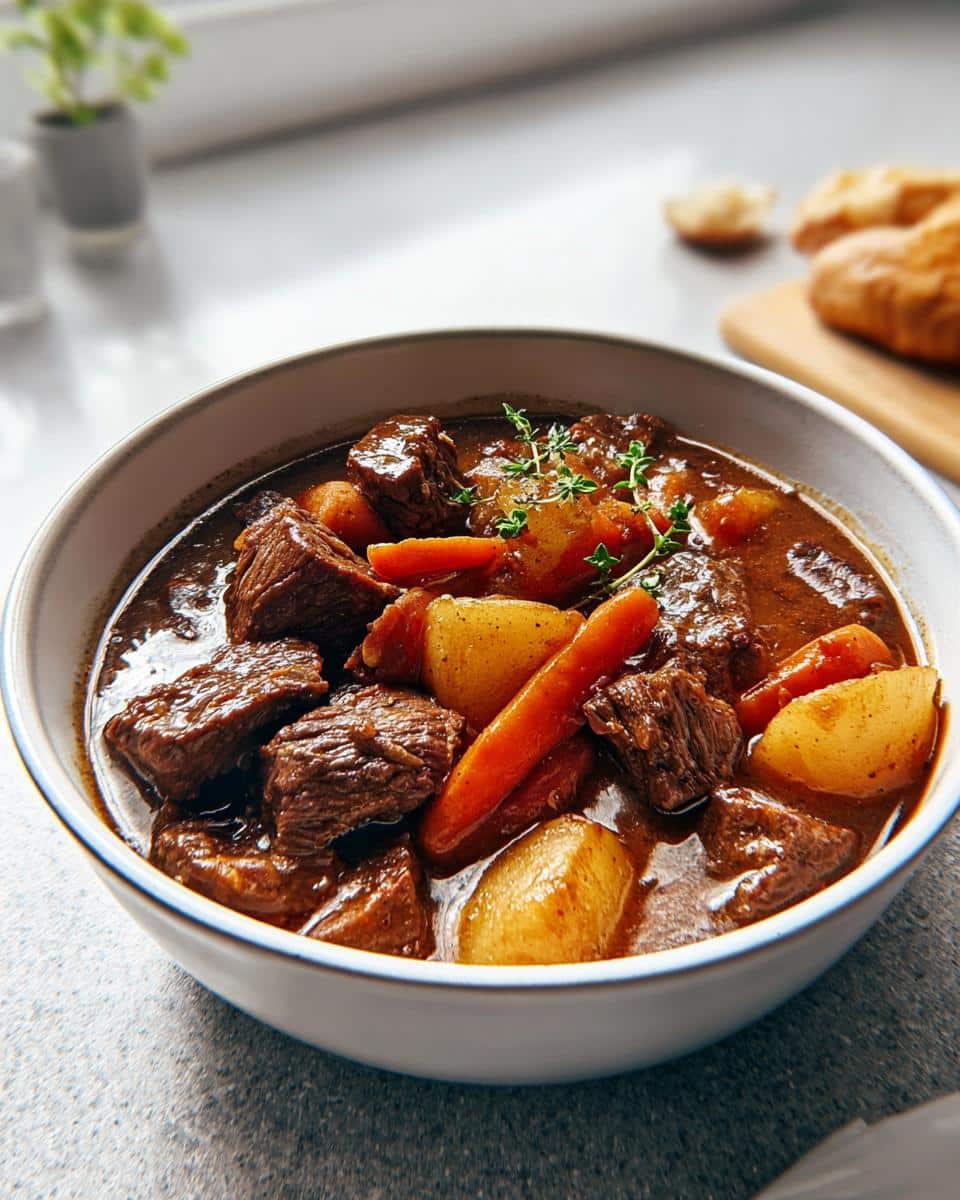 Close-up of a bowl filled with rich Classic Beef Stew featuring tender beef chunks, carrots, and potatoes, garnished with thyme.