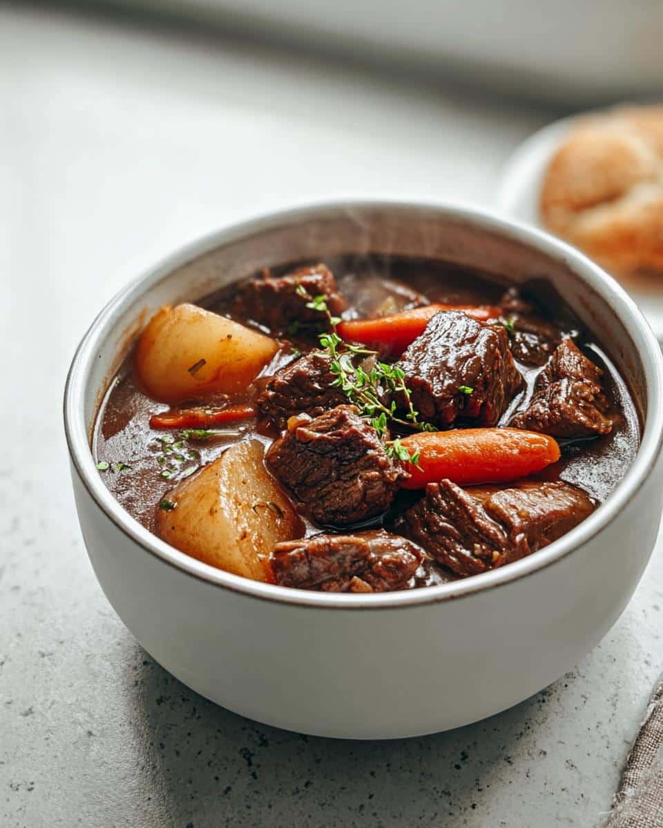 Close-up of a steaming bowl of rich, dark Classic Beef Stew featuring tender beef chunks, carrots, and potatoes, garnished with thyme.