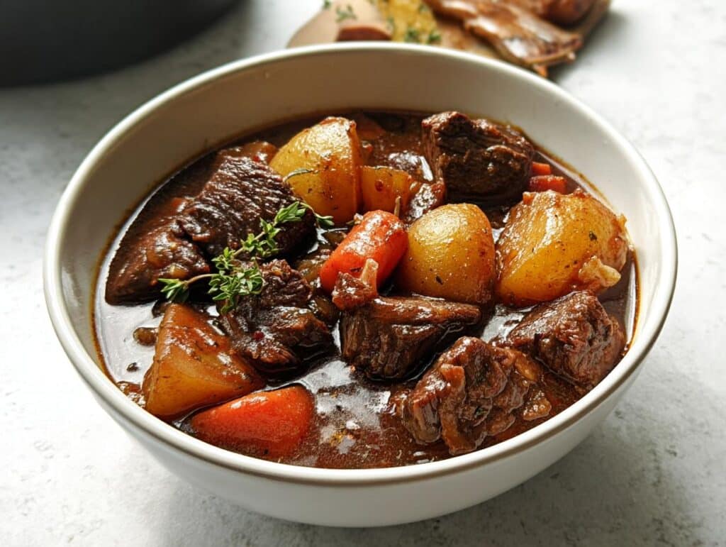 Close-up of a white bowl filled with rich, dark Classic Beef Stew featuring tender beef chunks and golden potatoes.