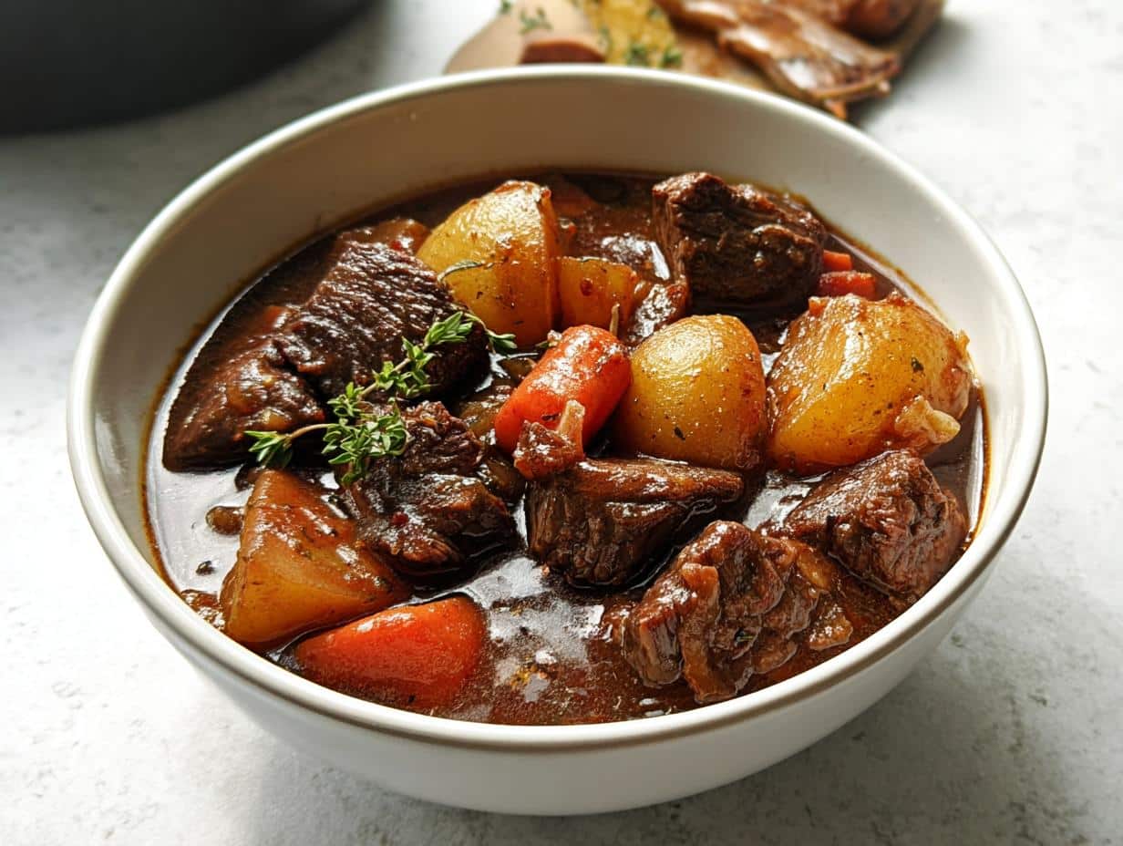 Close-up of a white bowl filled with rich, dark Classic Beef Stew featuring tender beef chunks and golden potatoes.