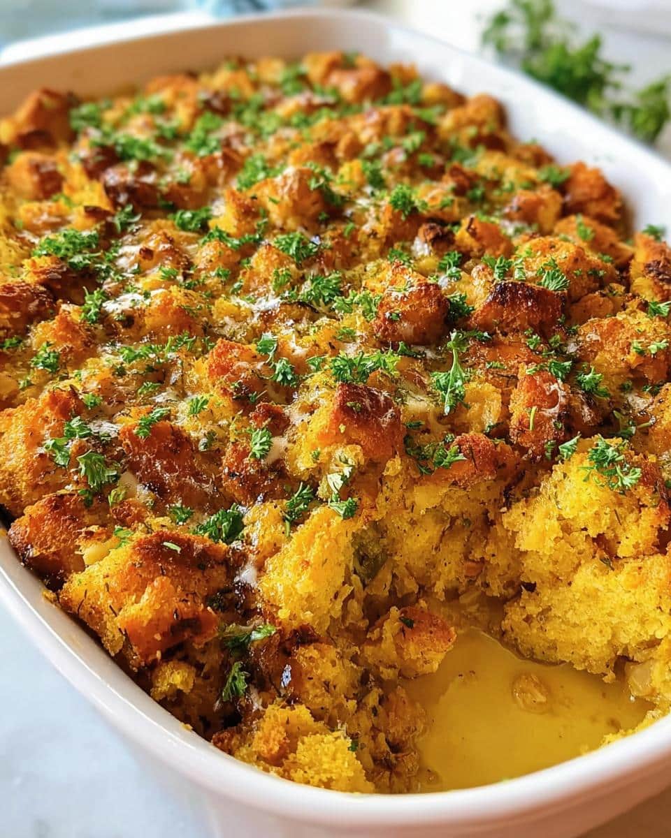Close-up of a baked Classic Chicken and Stuffing Casserole, golden brown and topped with fresh parsley.
