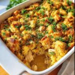 Close-up of a baked Classic Chicken and Stuffing Casserole in a white dish, topped with golden stuffing and fresh parsley.