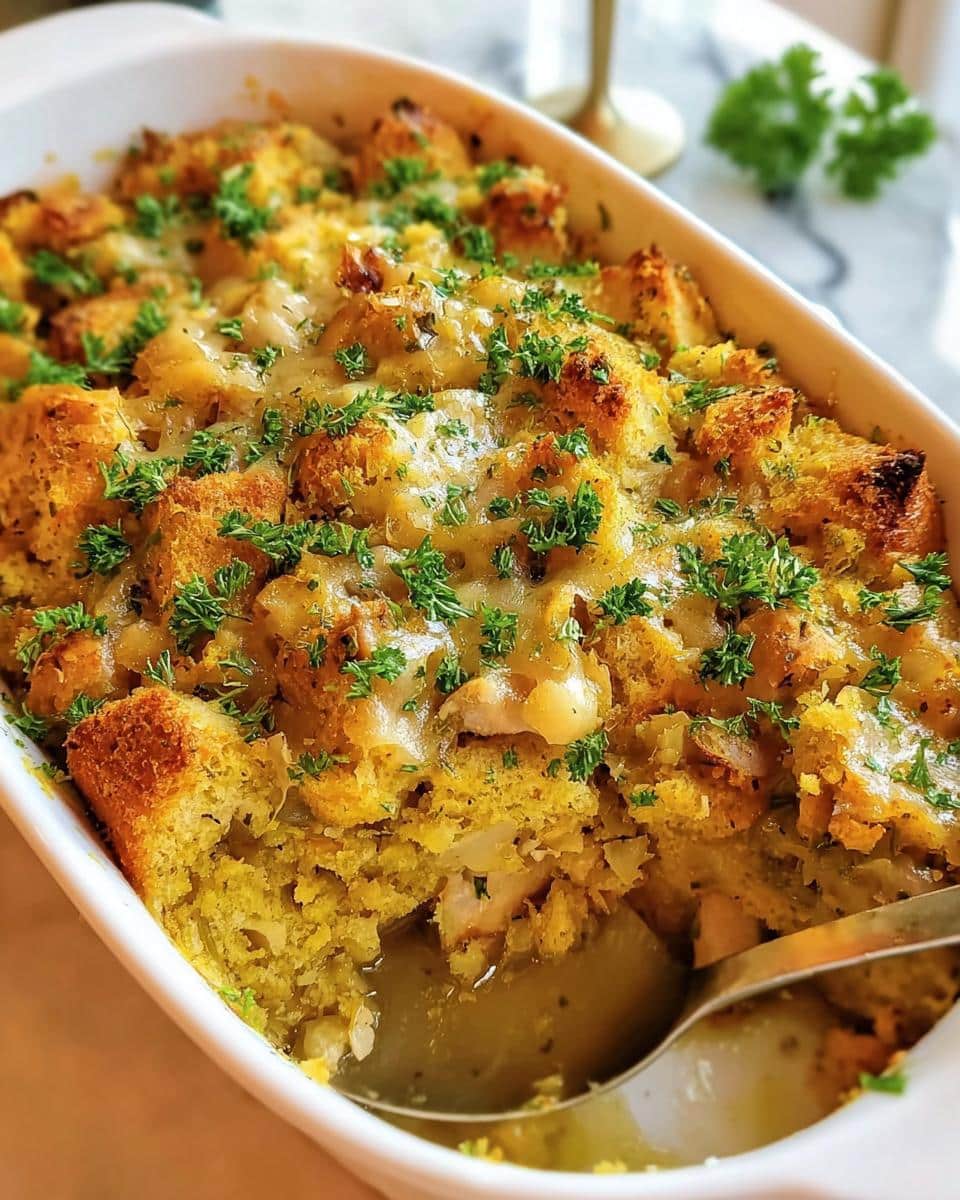 A close-up of the baked Classic Chicken and Stuffing Casserole, topped with melted cheese and fresh parsley.