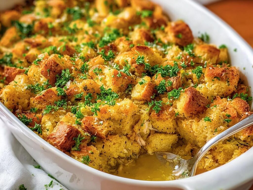 Close-up of a baked Classic Chicken and Stuffing Casserole topped with golden bread cubes and fresh parsley.