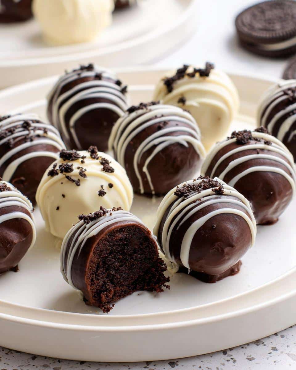 A plate of Classic No-Bake Oreo Balls, some dipped in dark chocolate and drizzled with white chocolate, one is bitten open.