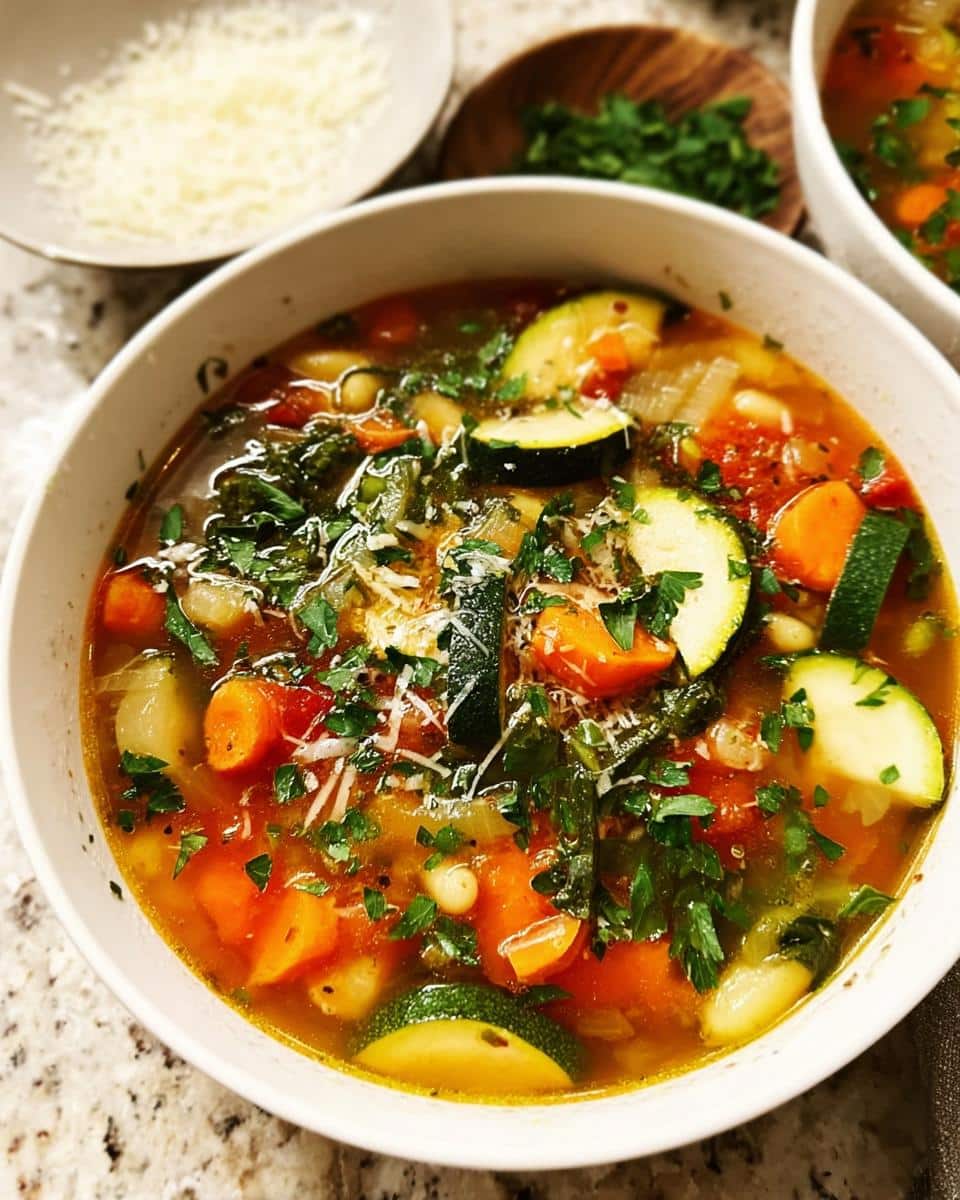 A close-up bowl of vibrant Clean Eating Minestrone Soup filled with zucchini, carrots, beans, and topped with fresh parsley and Parmesan.
